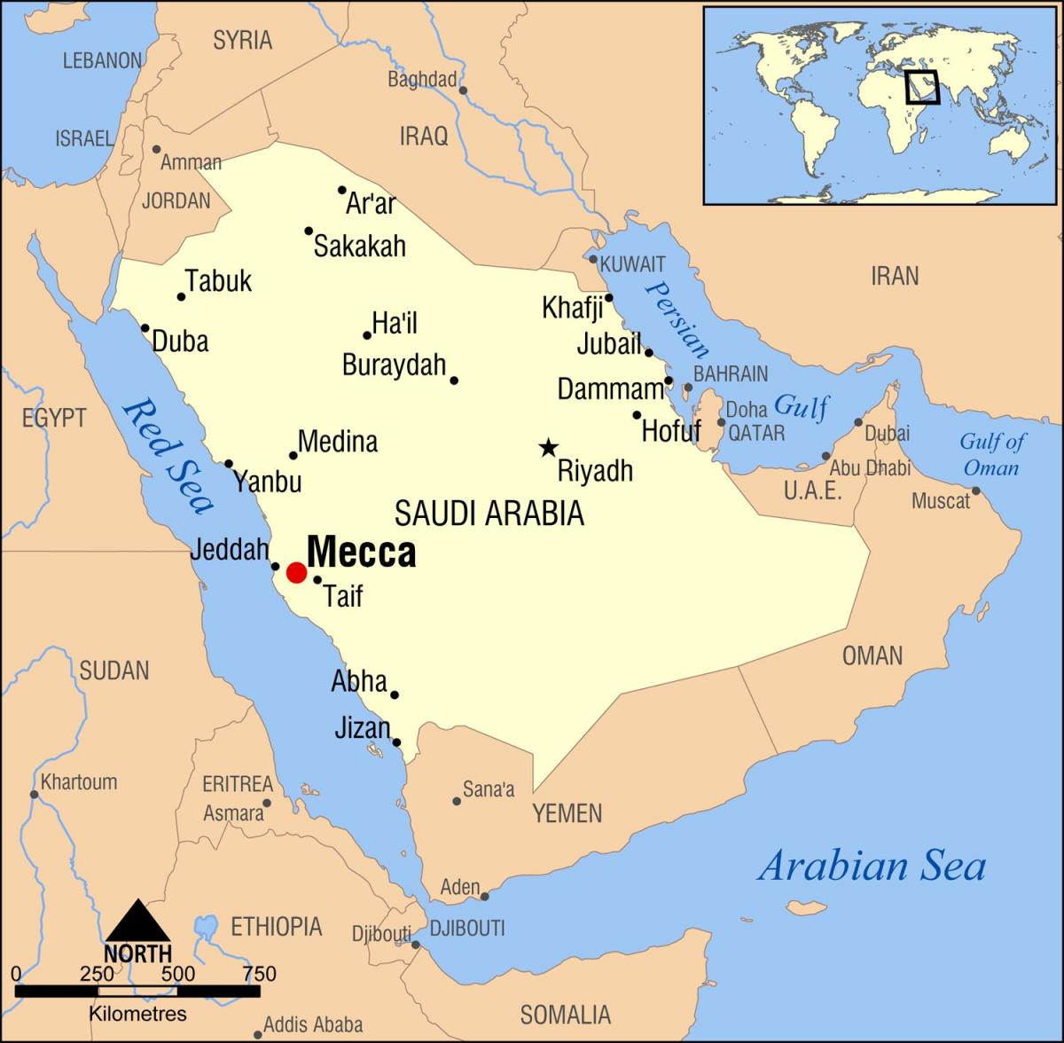 карта на всушност мека во Саудиска Арабија